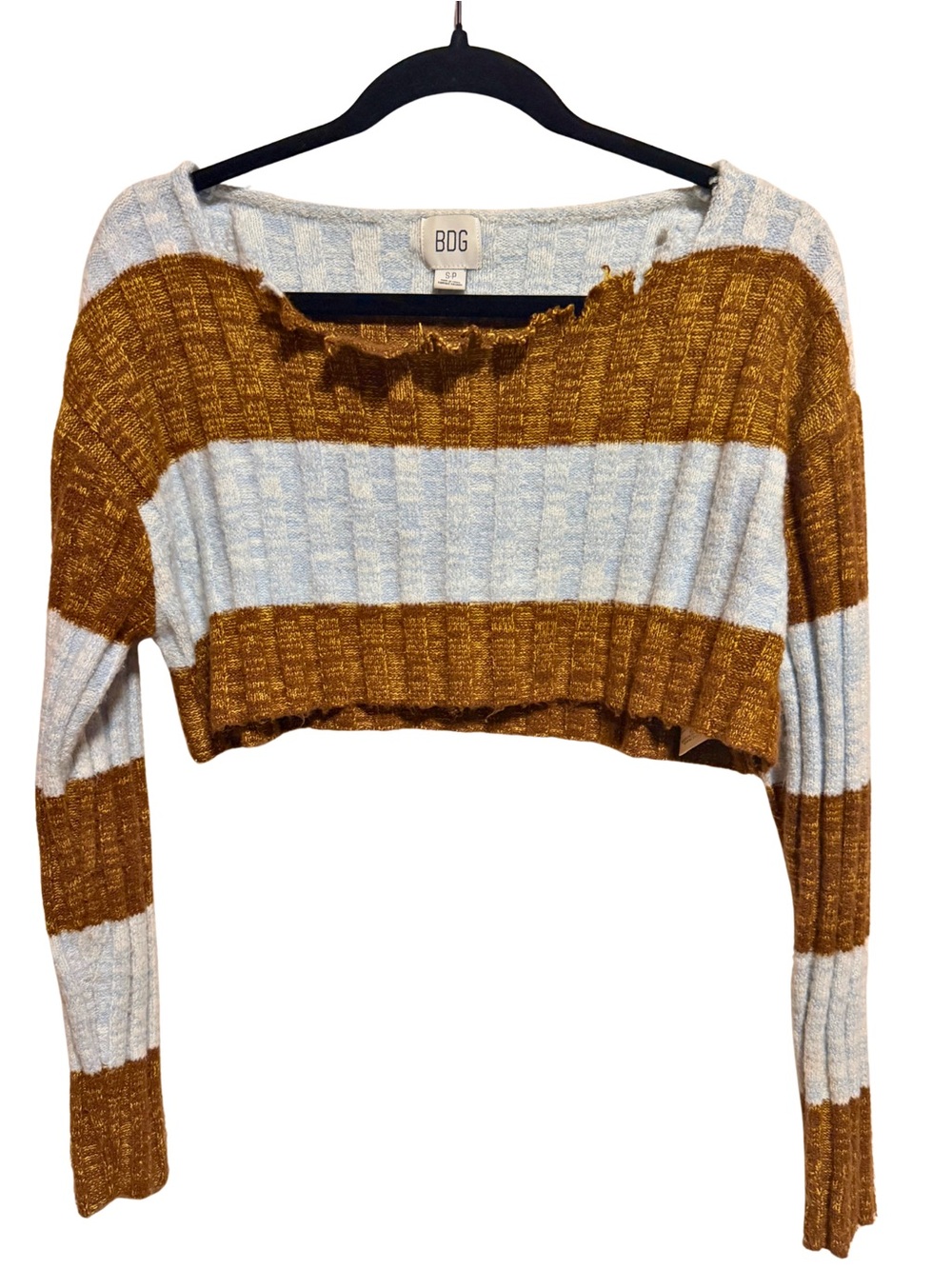 Urban Outfitters BDG Off-the-Shoulder Cropped Sweater in White & Brown Stripes